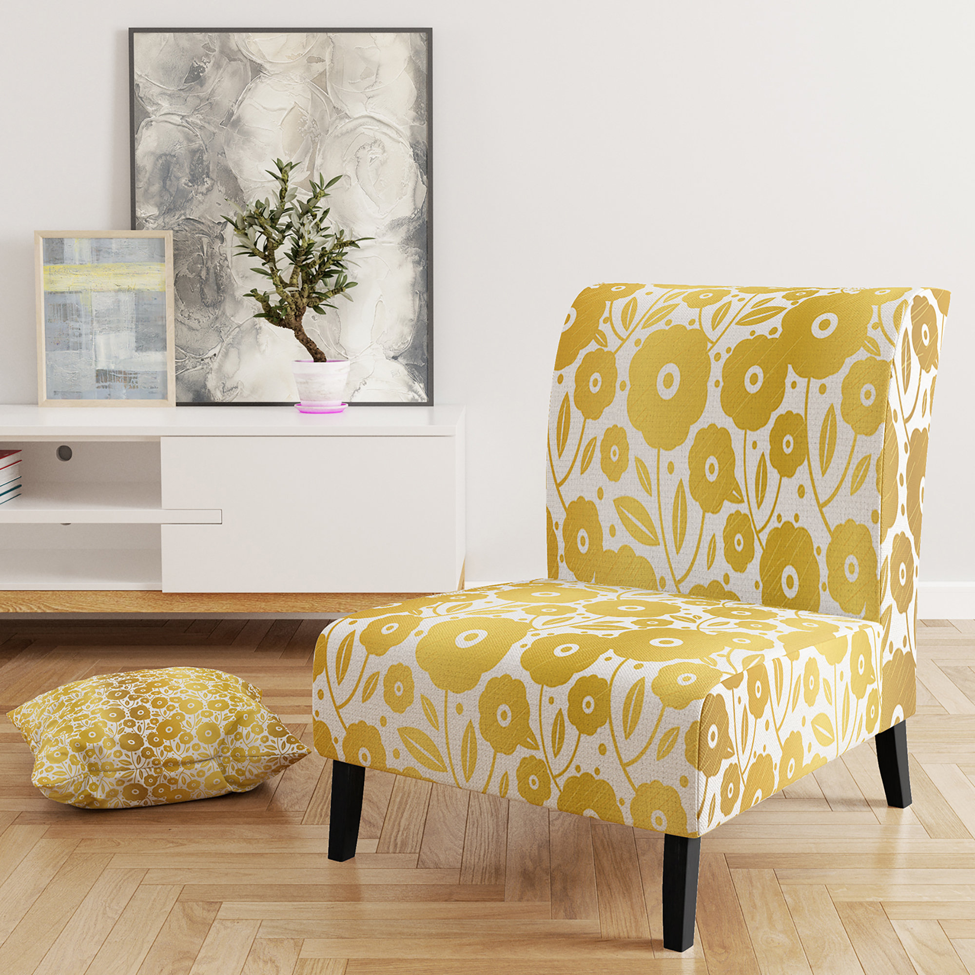 East Urban Home Golden Floral I - Mid-Century Upholstered Slipper